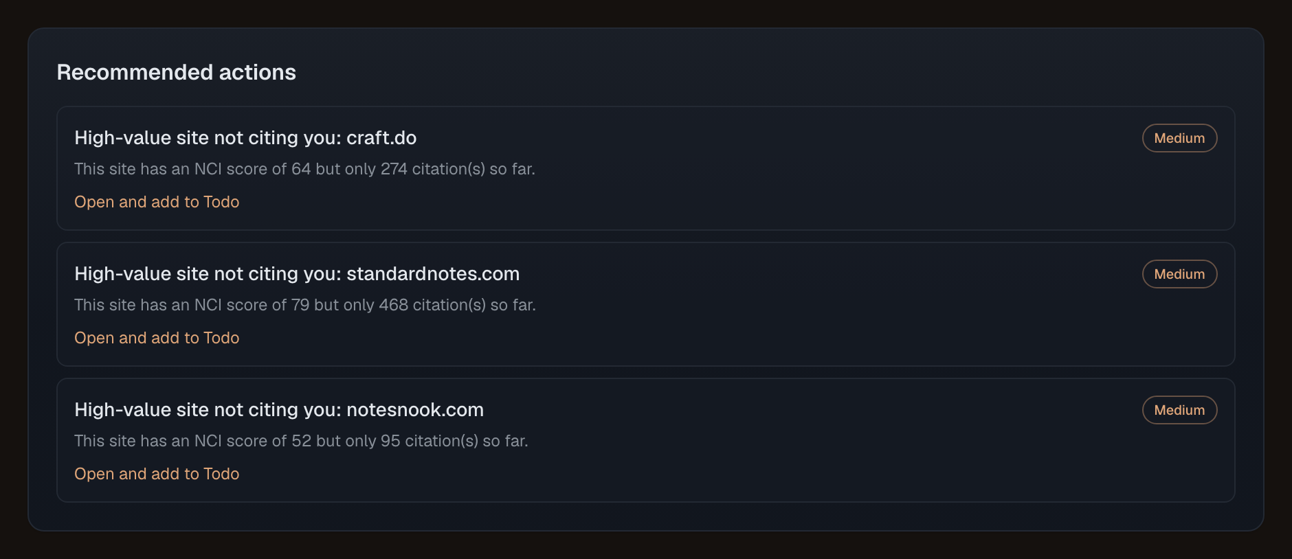 One partner: its sites and citation count, a contact, free notes, and a getting-started checklist for the outreach.