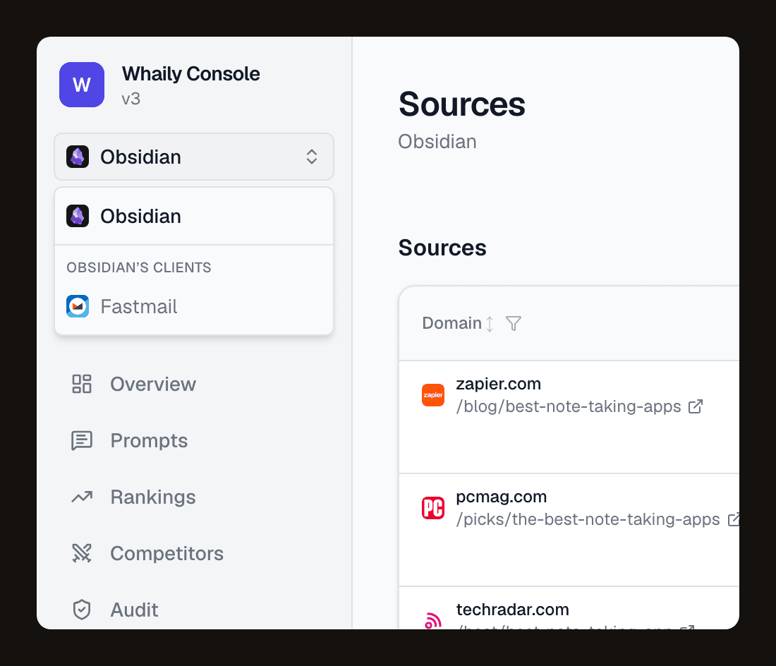 The sidebar brand switcher open: the brand you hold first, then a group headed with the agency name listing the client brands it reaches, each with its own mark.
