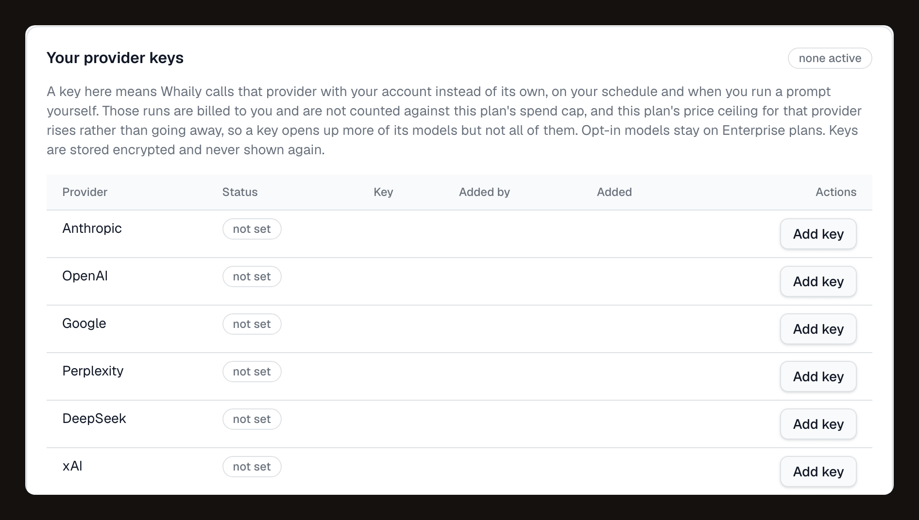 The provider keys tab: one row per provider with its key status and the form to add or replace a key.