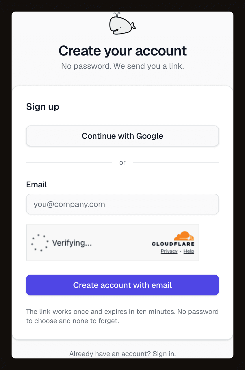 The Whaily sign-up screen: continue with Google, or send a sign-in link to an email address.
